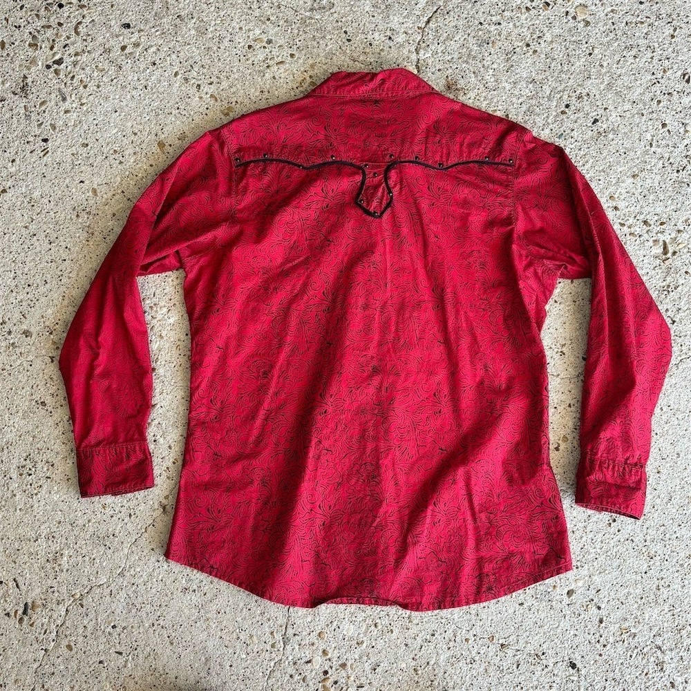 Wrangler Western Snap Shirt Women's XL Red Black Floral Scroll Studded Yoke